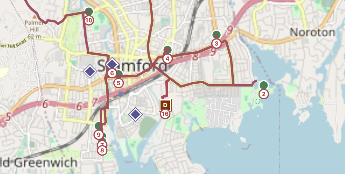 ScrapSim routing map showing numbered collection stops and vehicle routes across Stamford, Noroton, and Old Greenwich, Connecticut