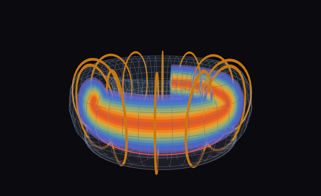 3D rendering of plasma confined by magnetic field coils inside a tokamak fusion reactor